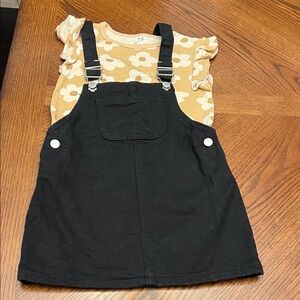 Blk Overall Denim Dress w/ Tan & Cream Floral Top Set
